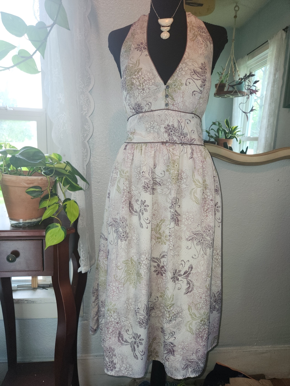 To the Max Cream Halter Floral Midi Dress with Lavender and Olive